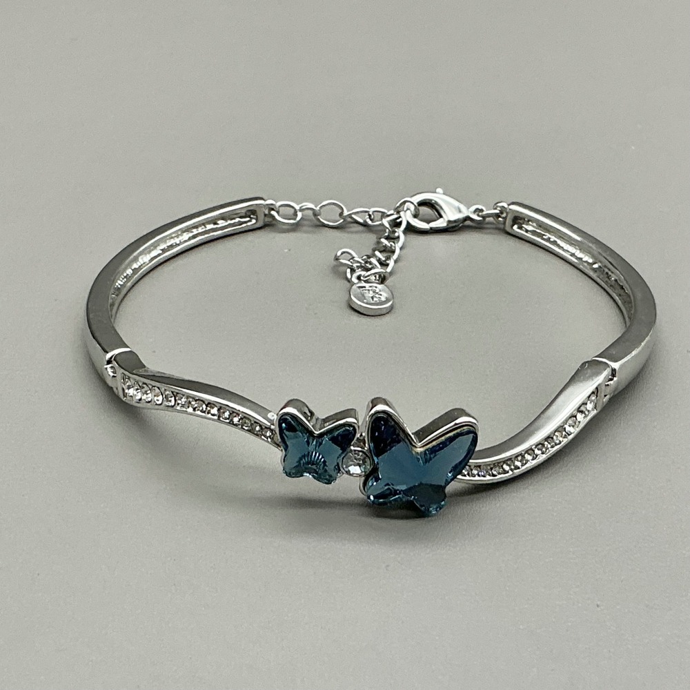 Butterfly Bangle Bracelet Women Silver Blue Crystal Rhinestone Hinged Adjustable